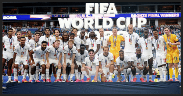 England's national team celebrates with bronze medals after defeating France in the 2026 FIFA World Cup third-place playoff.