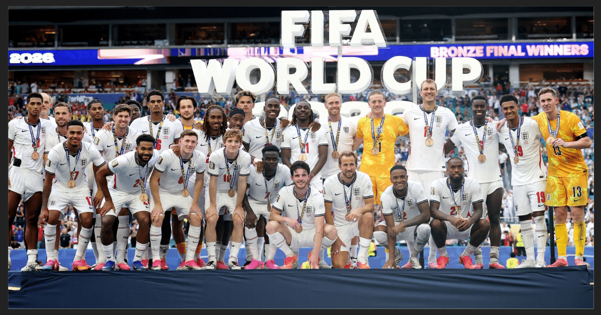 England's national team celebrates with bronze medals after defeating France in the 2026 FIFA World Cup third-place playoff.
